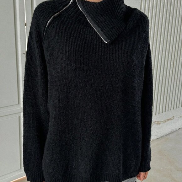 Black Casual Women's Loose High Collar Zip-Up Long Sleeve Street Knit Cardigan - Picture 6 of 7